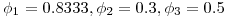 \phi_1=0.8333, \phi_2=0.3, \phi_3=0.5 \phi_1=0.8333, \phi_2=0.3, \phi_3=0.5