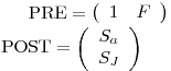 \mbox{PRE}=\left(\begin{array}{cc} 1 & F \end{array}\right)\\
\mbox{POST}=\left(\begin{array}{c} S_a \\ S_J  \end{array}\right)