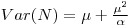Var(N) = \mu + \frac{{\mu}^2}{\alpha}